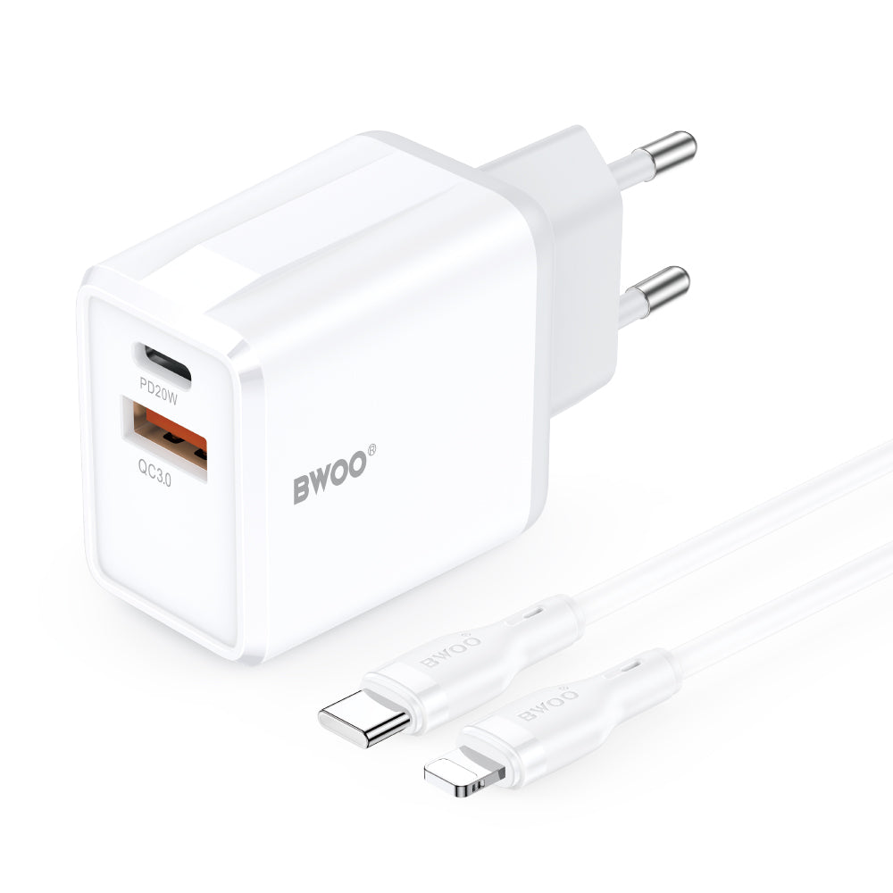 Lightning Cable Wall Charger BWOO CDA182, 38W, 3A, 1 x USB-A - 1 x USB-C, White