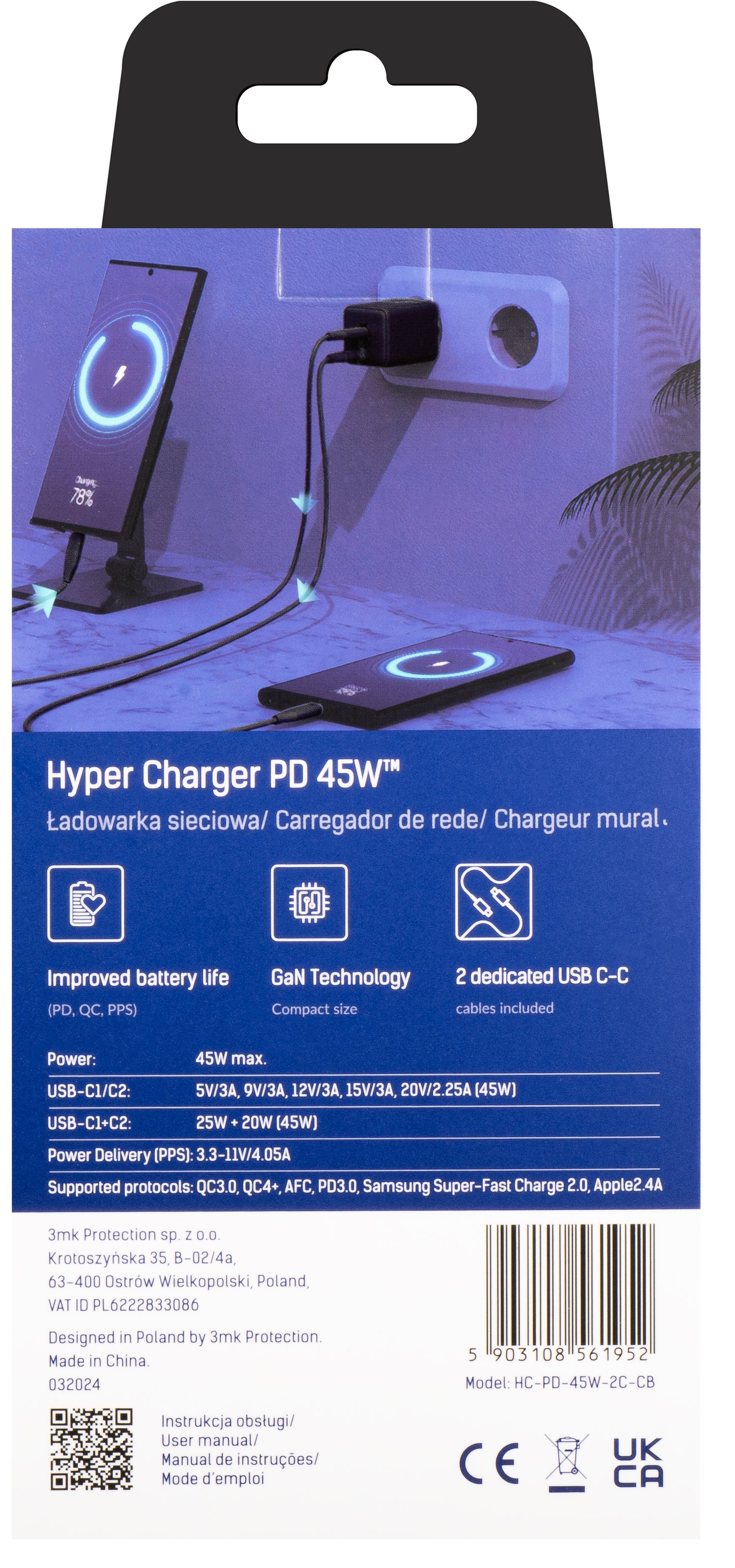 3MK HyperCharger USB-C Cable Charger, 45W, 3A, 2 x USB-C, Black