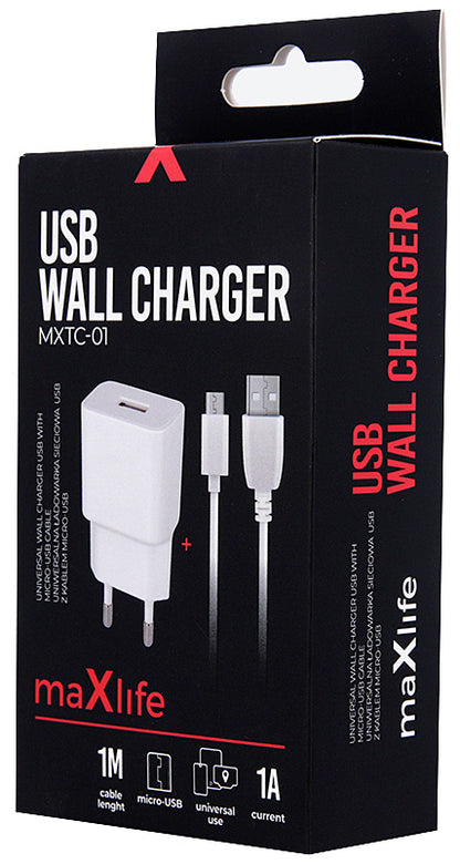 MaXlife MXTC-01 Mains Charger With MicroUSB Cable, 5W, 1A, 1 x USB-A, White