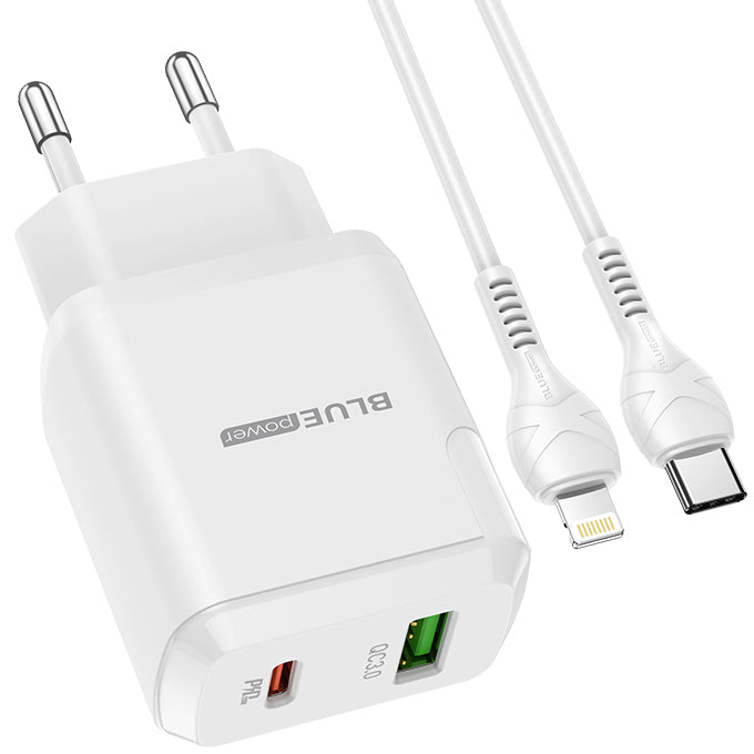 Network Charger with Lightning Cable BLUE Power BLN5, 20W, 3A, 1 x USB-A - 1 x USB-C, White