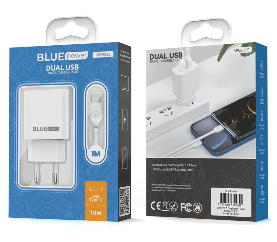 Blue Power BPCE02C USB-C Cable Charger, 10.5W, 2.1A, 2 x USB-A, White