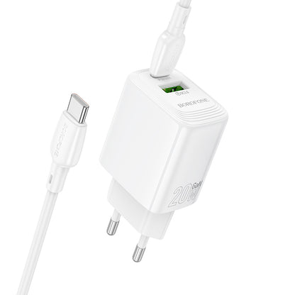 Network Charger with USB-C Cable Borofone BN27 Fuente, 20W, 3A, 1 x USB-A - 1 x USB-C, White