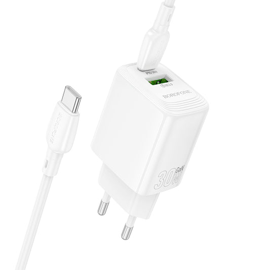 Network Charger with USB-C Cable Borofone BN29 Fuente, 30W, 3A, 1 x USB-A - 1 x USB-C, White
