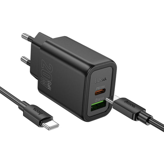 HOCO N61 Network Charger with Lightning Cable, 20W, 3A, 1 x USB-A - 1 x USB-C, Black