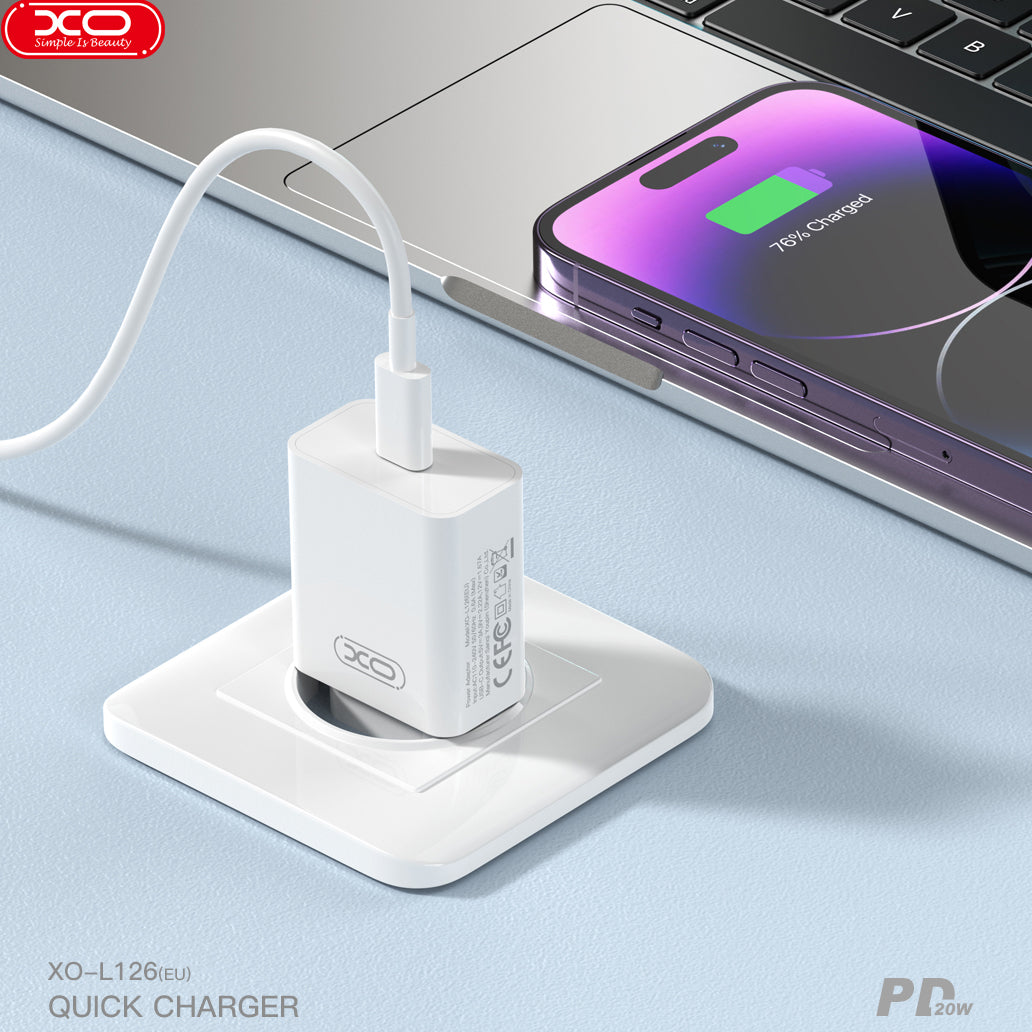 Network Charger with USB-C Cable XO Design L126, 20W, 3A, 1 x USB-C, White