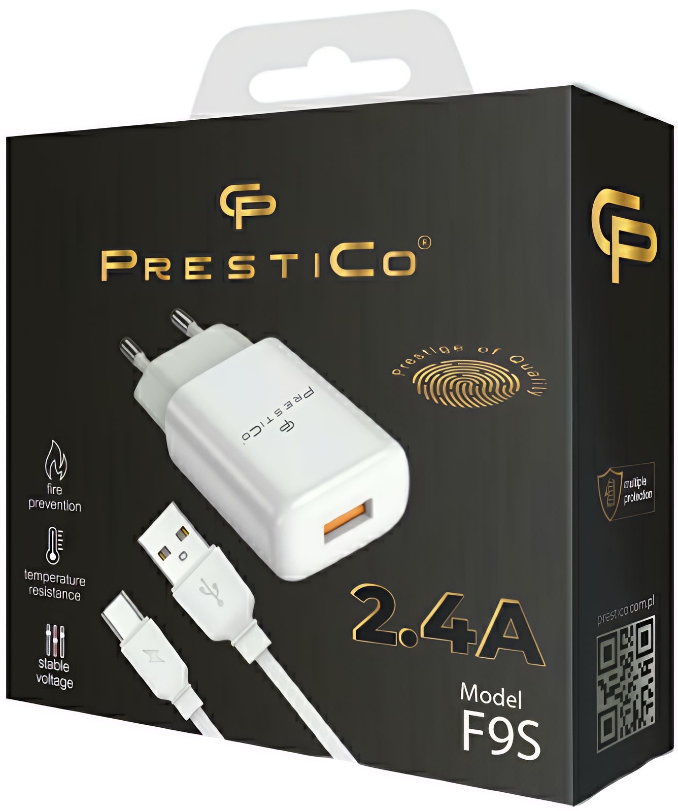 Network Charger with USB-C Cable Prestico F9S, 12W, 2.4A, 1 x USB-A, White