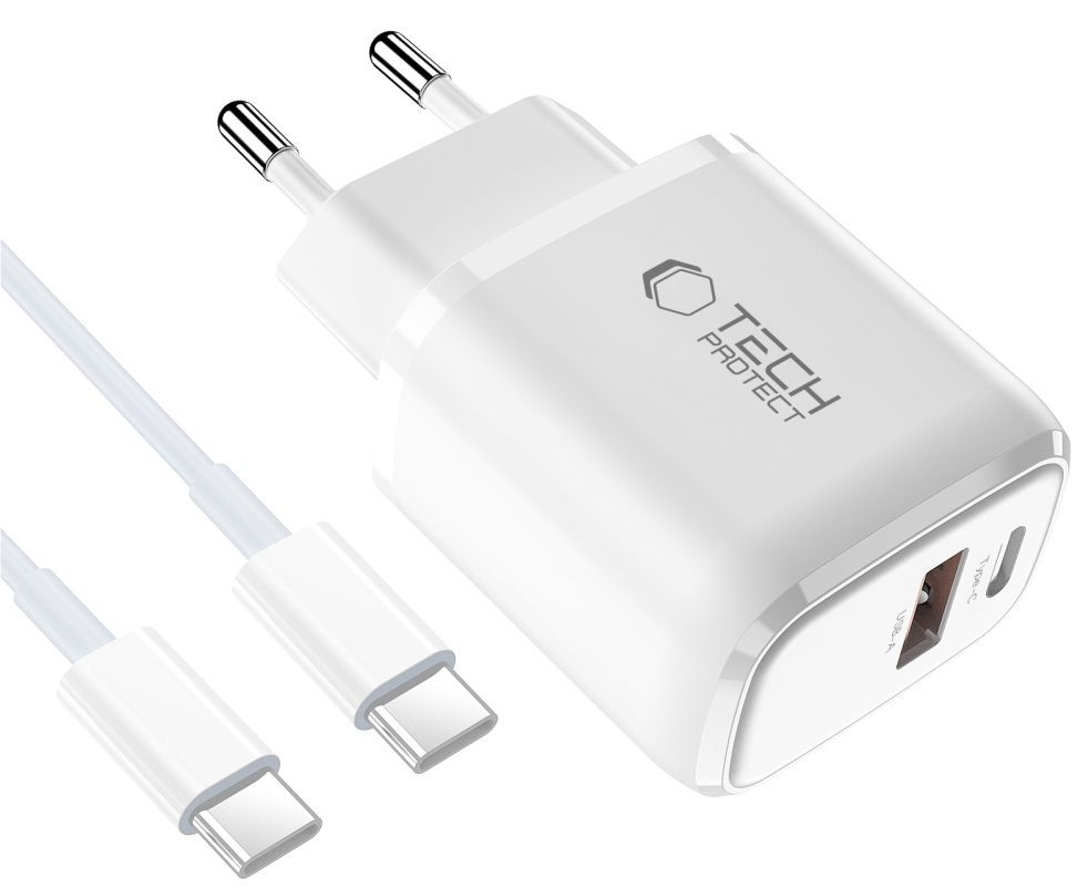 Tech-Protect NCA20 USB-C Cable Wall Charger, 20W, 3A, 1 x USB-A - 1 x USB-C, White