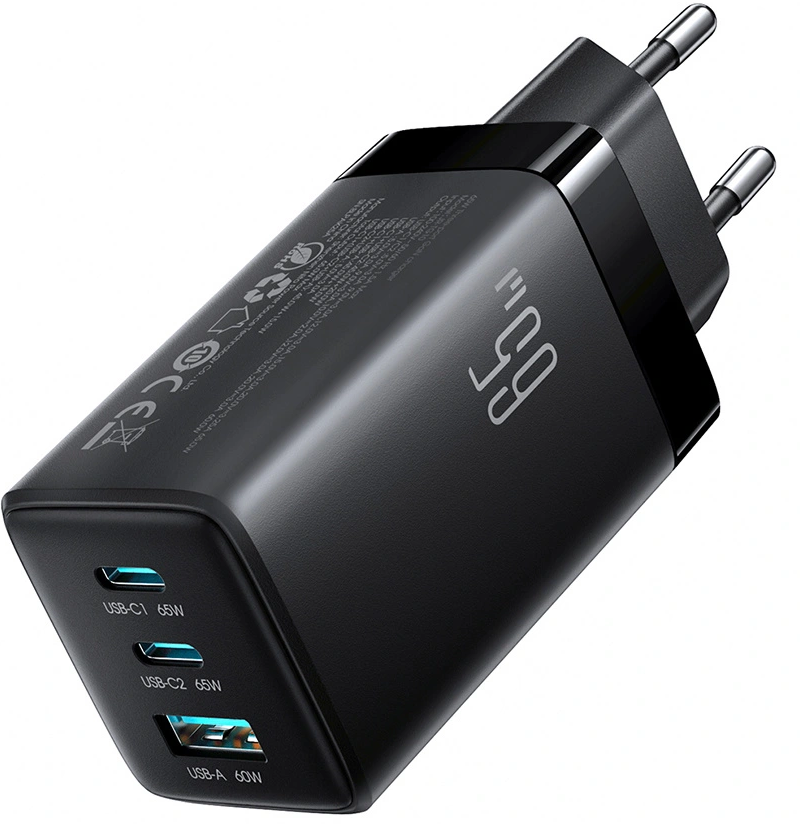 Joyroom JR-TG10 USB-C Cable Wall Charger, 65W, 3.25A, 1 x USB-A - 2 x USB-C, Black
