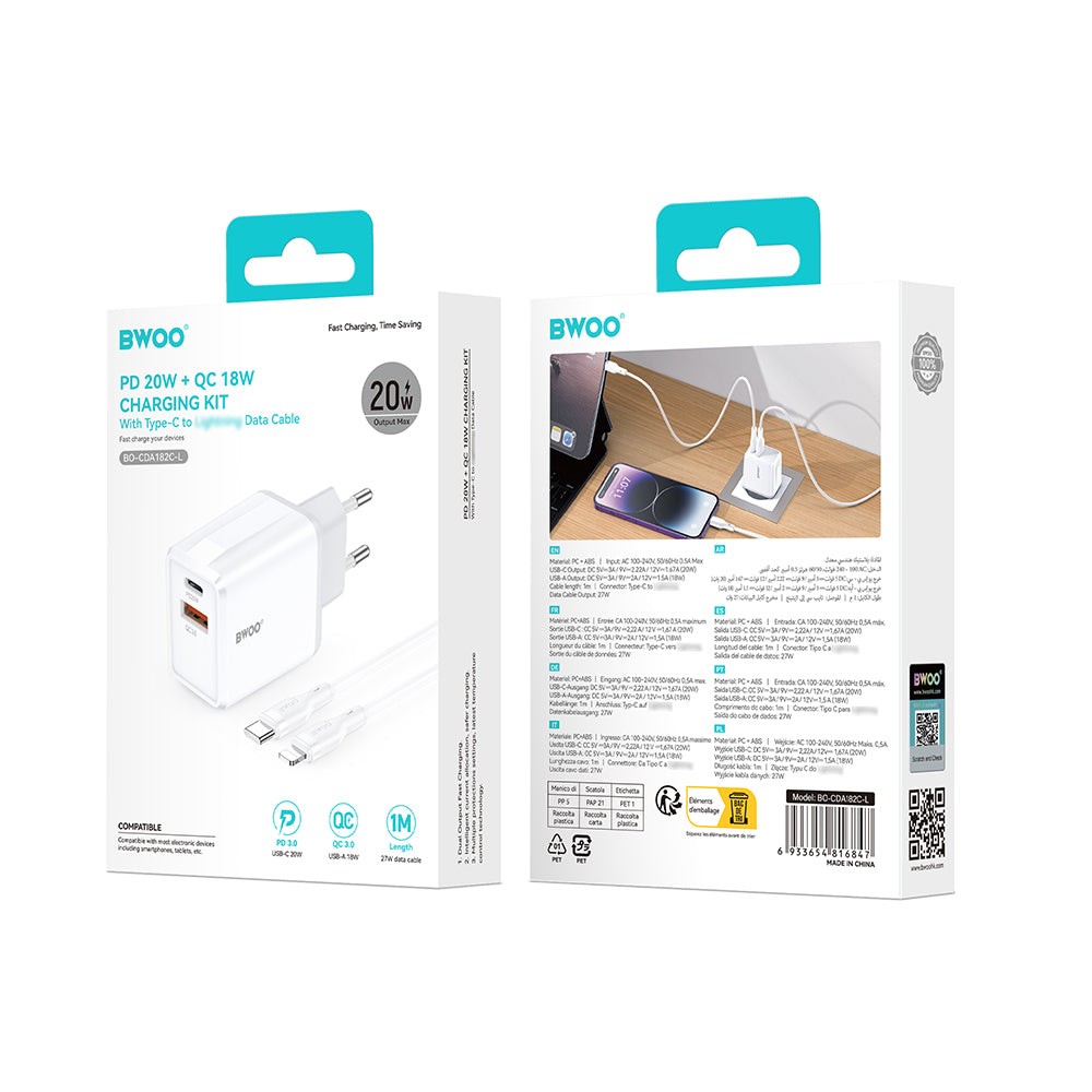 Lightning Cable Wall Charger BWOO CDA182, 38W, 3A, 1 x USB-A - 1 x USB-C, White