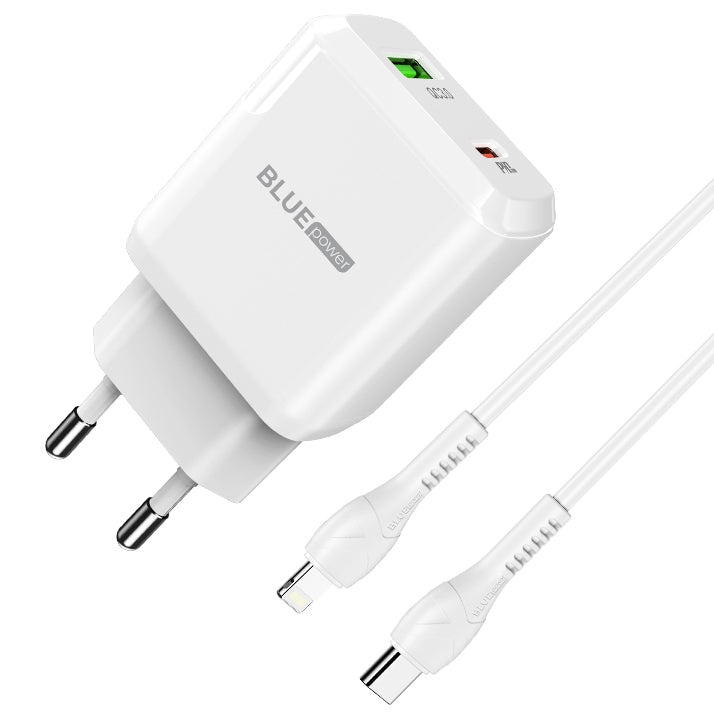 Network Charger with Lightning Cable BLUE Power BLN5, 20W, 3A, 1 x USB-A - 1 x USB-C, White