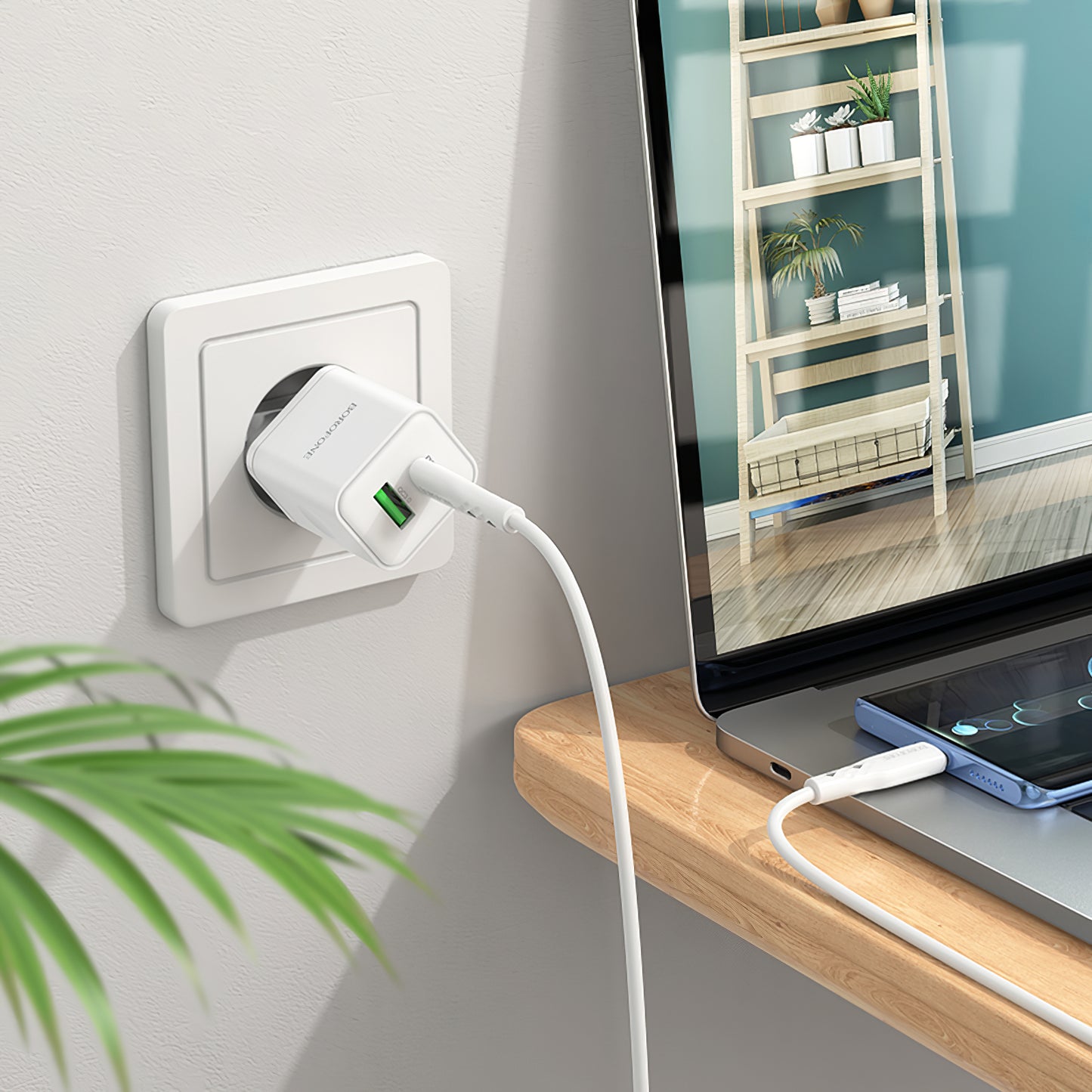 Borofone BN7 Network Charger With USB-C Cable, 20W, 3A, 1 x USB-A - 1 x USB-C, White