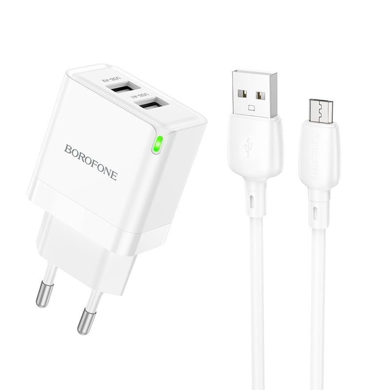 Borofone BN15 Strong Power Adapter with MicroUSB Cable, 10.5W, 2.1A, 2 x USB-A, White