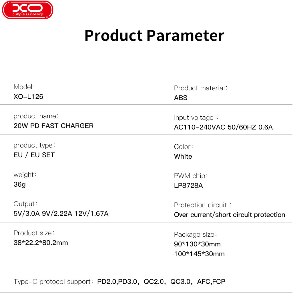 Network Charger with USB-C Cable XO Design L126, 20W, 3A, 1 x USB-C, White
