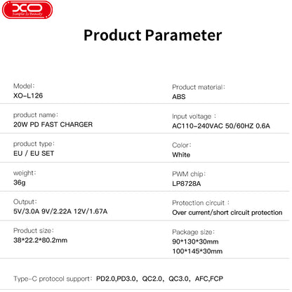 Network Charger with USB-C Cable XO Design L126, 20W, 3A, 1 x USB-C, White