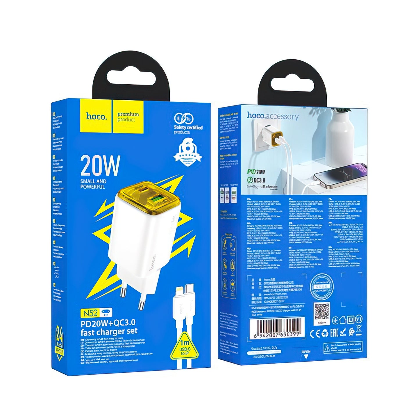 Network Charger with Lightning Cable HOCO N52, 20W, 3A, 1 x USB-A - 1 x USB-C, White