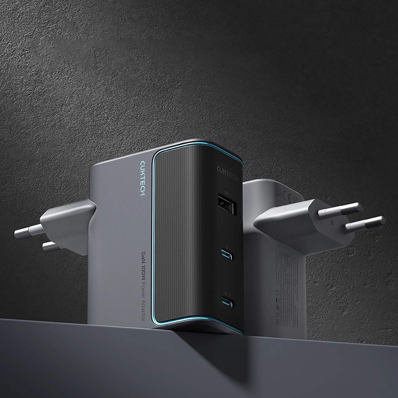 Cuktech Network Charger with USB-C Cable, 100W, 5A, 1 x USB-A - 2 x USB-C, Gray CUKAD1003EUG