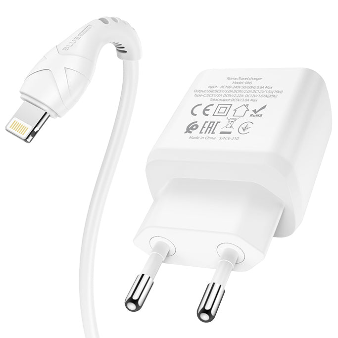 Network Charger with Lightning Cable BLUE Power BLN5, 20W, 3A, 1 x USB-A - 1 x USB-C, White