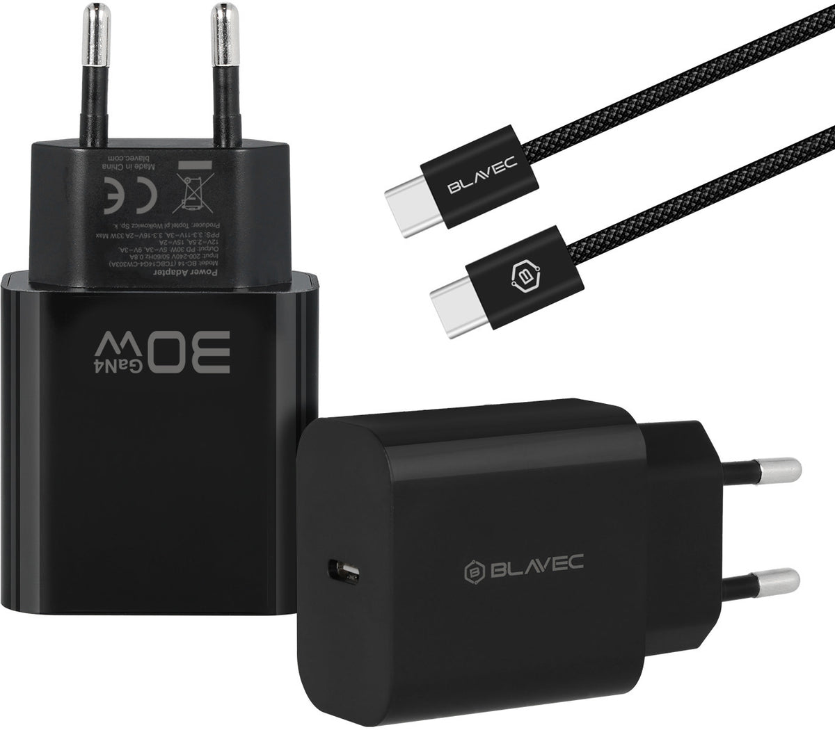 Blavec BC-14 USB-C Wall Charger with Cable, 30W, 3A, 1 x USB-C, Black