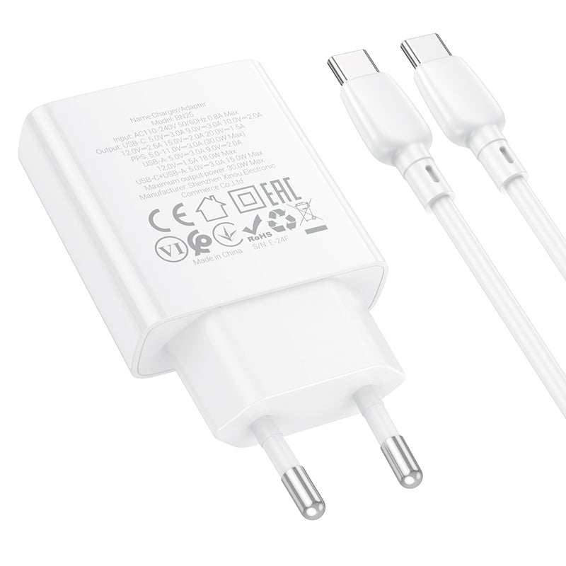 Borofone BN25 Wish USB-C Cable Charger, 30W, 3A, 1 x USB-A - 1 x USB-C, White