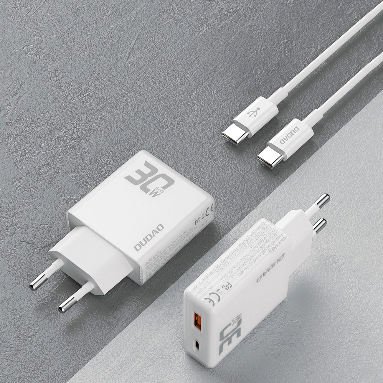 Dudao A30EUT Power Adapter with USB-C Cable, 30W, 3A, 1 x USB-A - 1 x USB-C, White