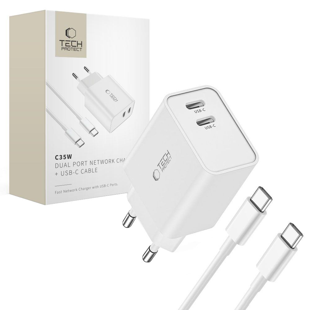 Tech-Protect C35W USB-C Cable Wall Charger, 35W, 3A, 2 x USB-C, White