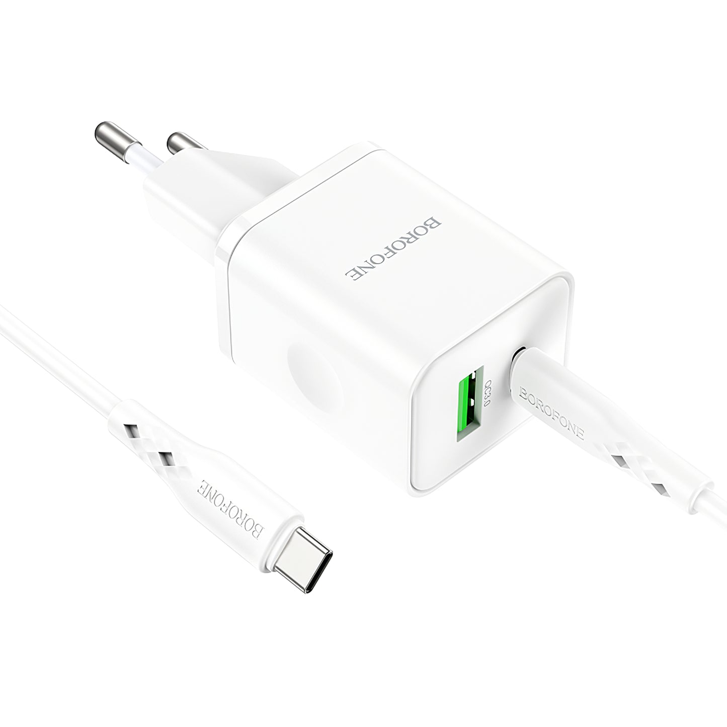 Borofone BN7 Network Charger With USB-C Cable, 20W, 3A, 1 x USB-A - 1 x USB-C, White