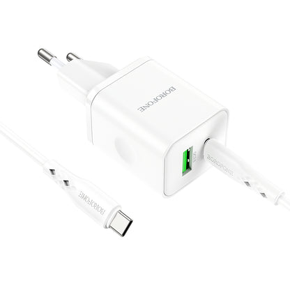 Borofone BN7 Network Charger With USB-C Cable, 20W, 3A, 1 x USB-A - 1 x USB-C, White