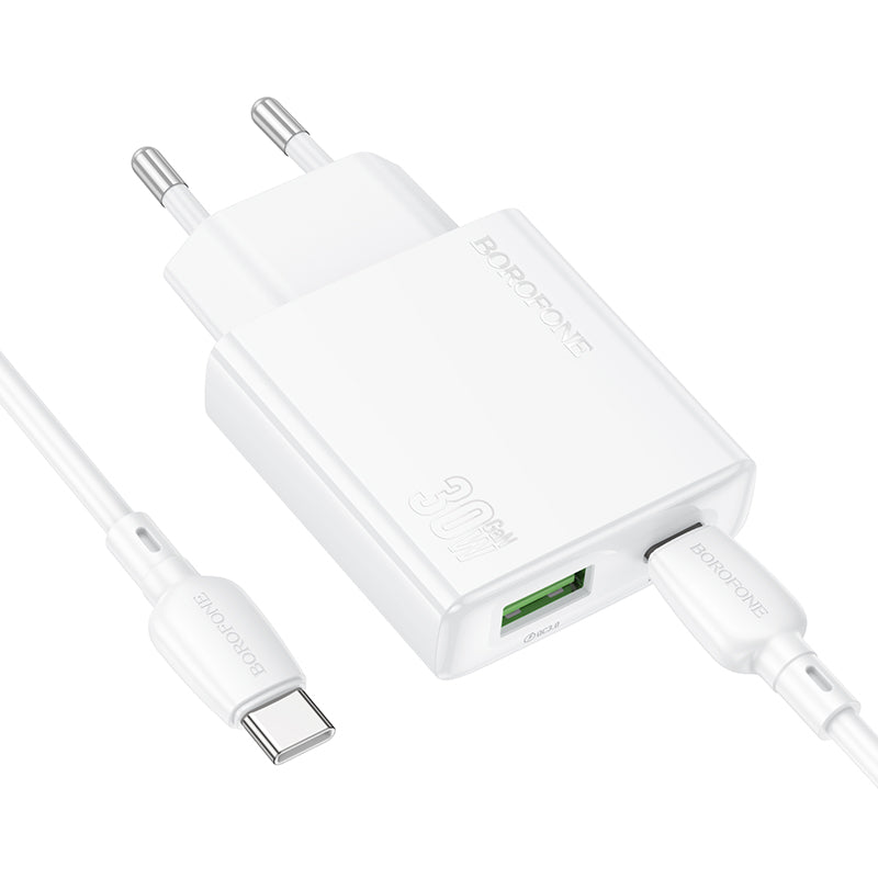 Borofone BN25 Wish USB-C Cable Charger, 30W, 3A, 1 x USB-A - 1 x USB-C, White