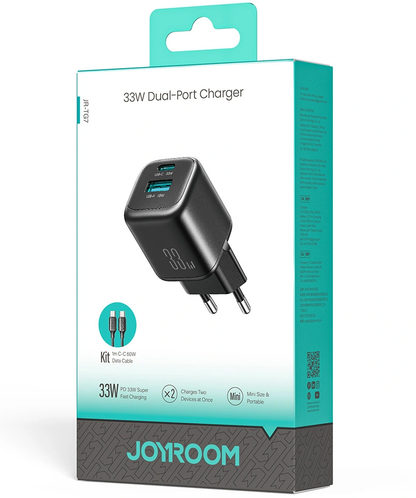 Joyroom JR-TG7 USB-C Cable Wall Charger, 33W, 3A, 1 x USB-A - 1 x USB-C, Black