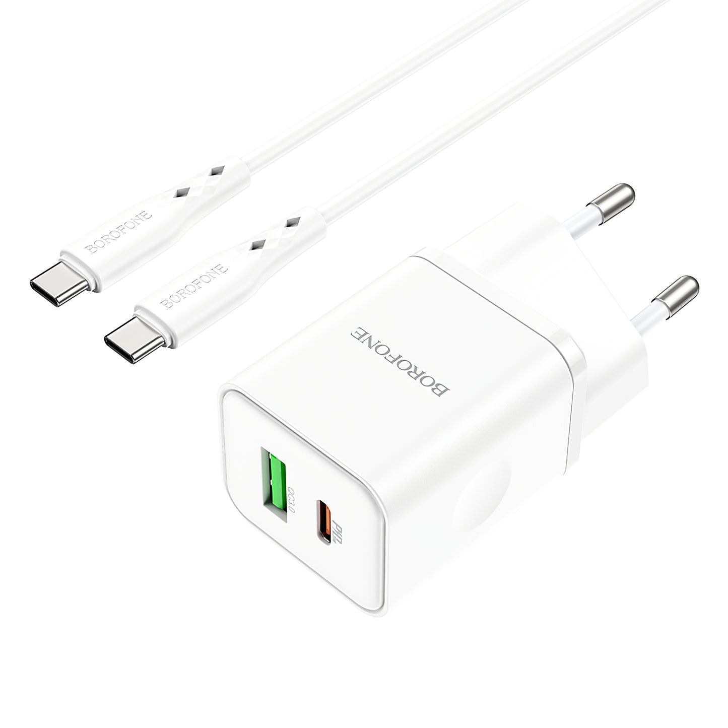 Borofone BN7 Network Charger With USB-C Cable, 20W, 3A, 1 x USB-A - 1 x USB-C, White