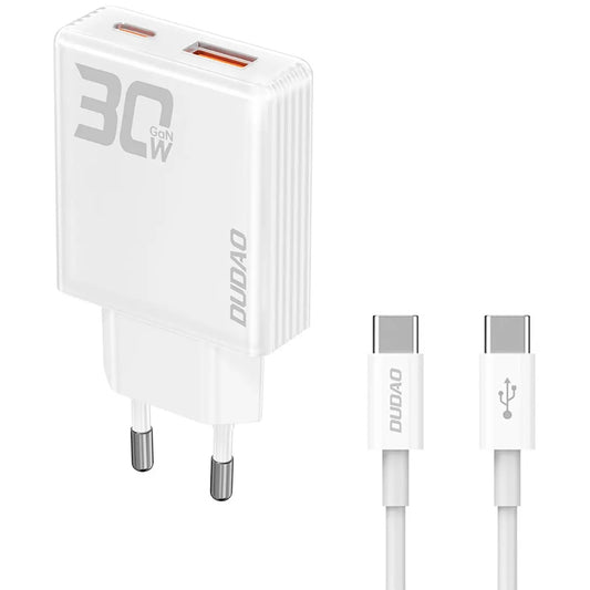 Dudao A30EUT Power Adapter with USB-C Cable, 30W, 3A, 1 x USB-A - 1 x USB-C, White