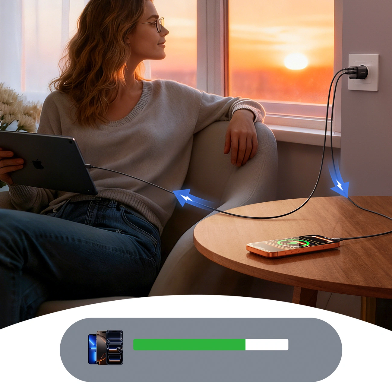 Joyroom JR-TG7 Network Charger with Lightning Cable, 33W, 3A, 1 x USB-A - 1 x USB-C, Black