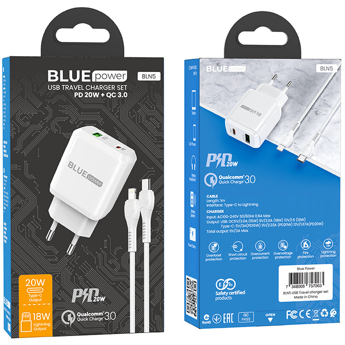 Network Charger with Lightning Cable BLUE Power BLN5, 20W, 3A, 1 x USB-A - 1 x USB-C, White