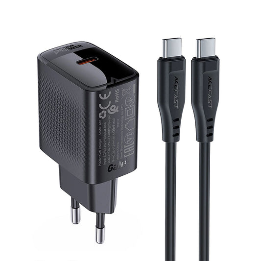 Acefast A82 USB-C Network Charger with Cable, 20W, 3A, 1 x USB-C, Black
