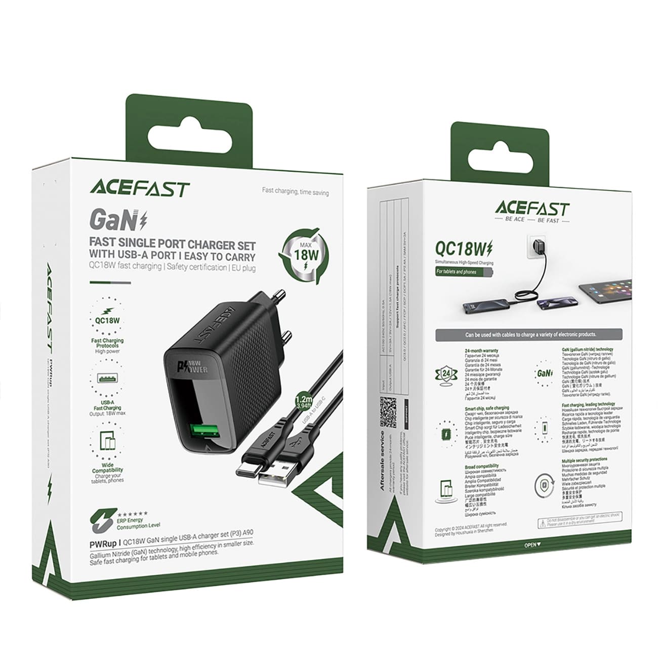 Acefast A90 USB-C Network Charger, 18W, 3A, 1 x USB-A, Black