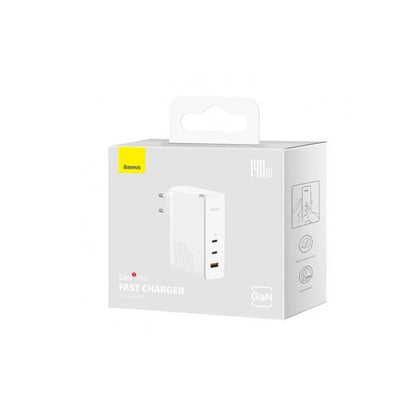 Baseus GaN5 Pro Network Charger with USB-C Cable, 140W, 5A, 1 x USB-A - 2 x USB-C, White CCGP100202