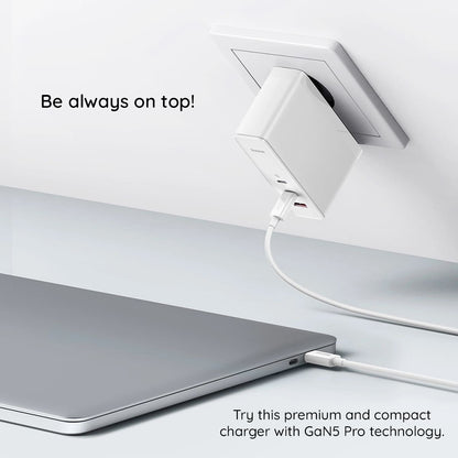 Baseus GaN5 Pro Network Charger with USB-C Cable, 140W, 5A, 1 x USB-A - 2 x USB-C, White CCGP100202