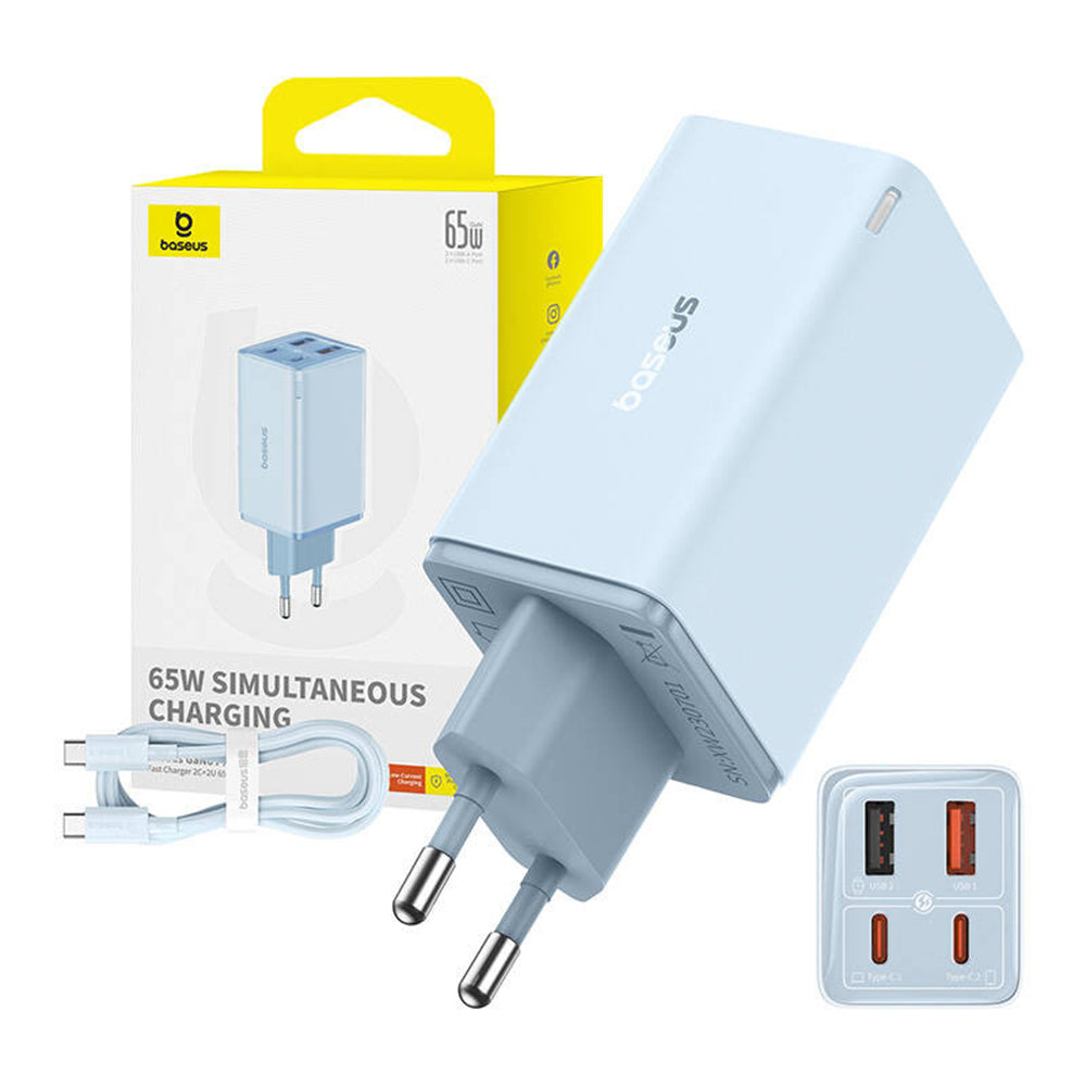 Baseus GaN6 Pro USB-C Network Charger with Cable, 65W, 3.25A, 2 x USB-A - 2 x USB-C, Blue E0121D00