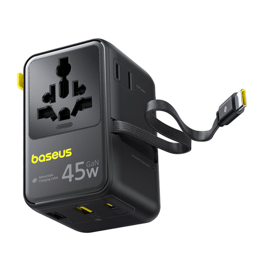 Baseus Travel PicoGo AG11 USB-C Cable Wall Charger, 45W, 2 x Socket - 1 x USB-C - 2 x USB-A, Black E0307F00