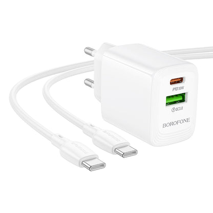 Network Charger with USB-C Cable Borofone BN29 Fuente, 30W, 3A, 1 x USB-A - 1 x USB-C, White