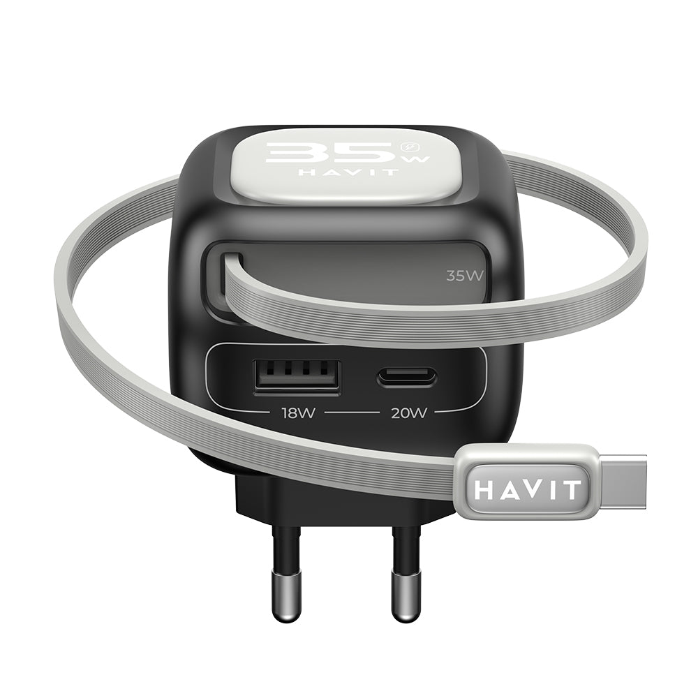 HAVIT UC251 USB-C Network Charger with Cable, 35W, 3A, 1 x USB-A - 1 x USB-C, Black Grey