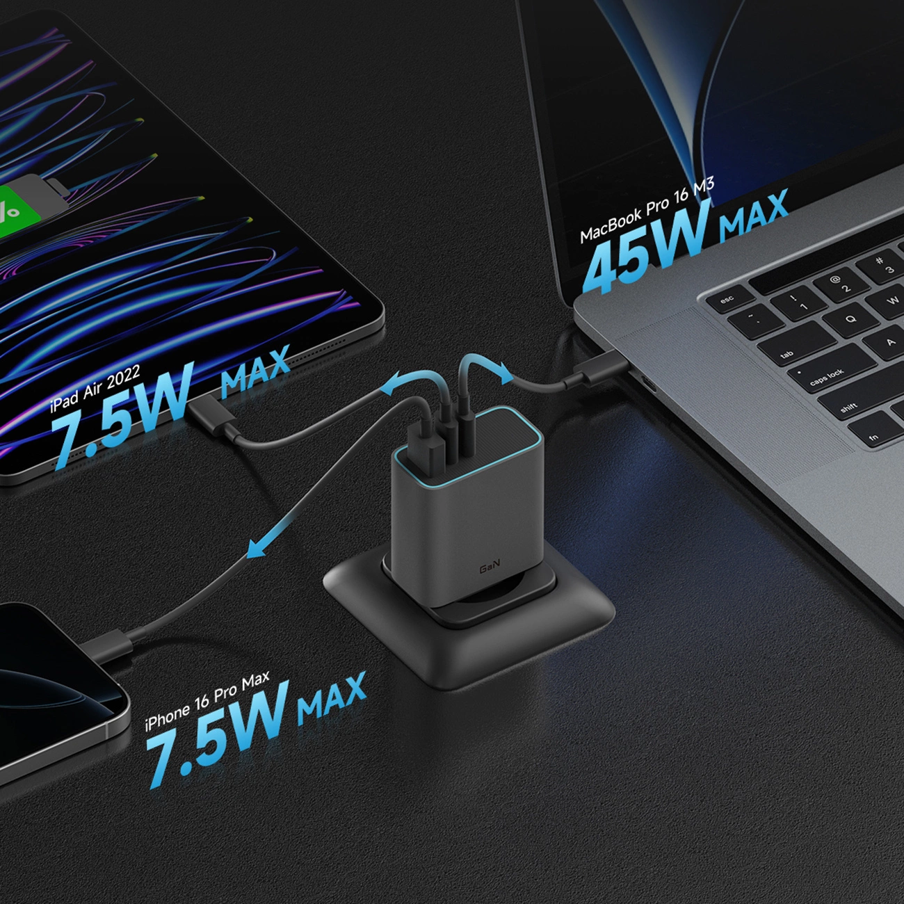 Cuktech Network Charger, 65W, 3A, 1 x USB-A - 2 x USB-C, Grey CUKAD653EUGR