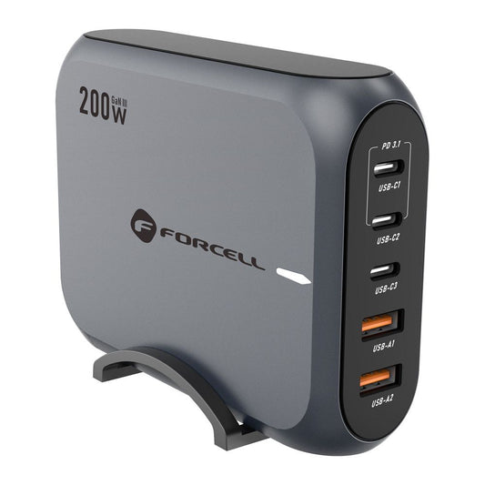 Forcell F-ENERGY GaN III VT-51 Power Adapter, 200W, 5A, 2 x USB-A - 3 x USB-C, Gray