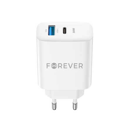 Forever TC-07-30AC Power Adapter, 30W, 3A, 1 x USB-A - 1 x USB-C, White