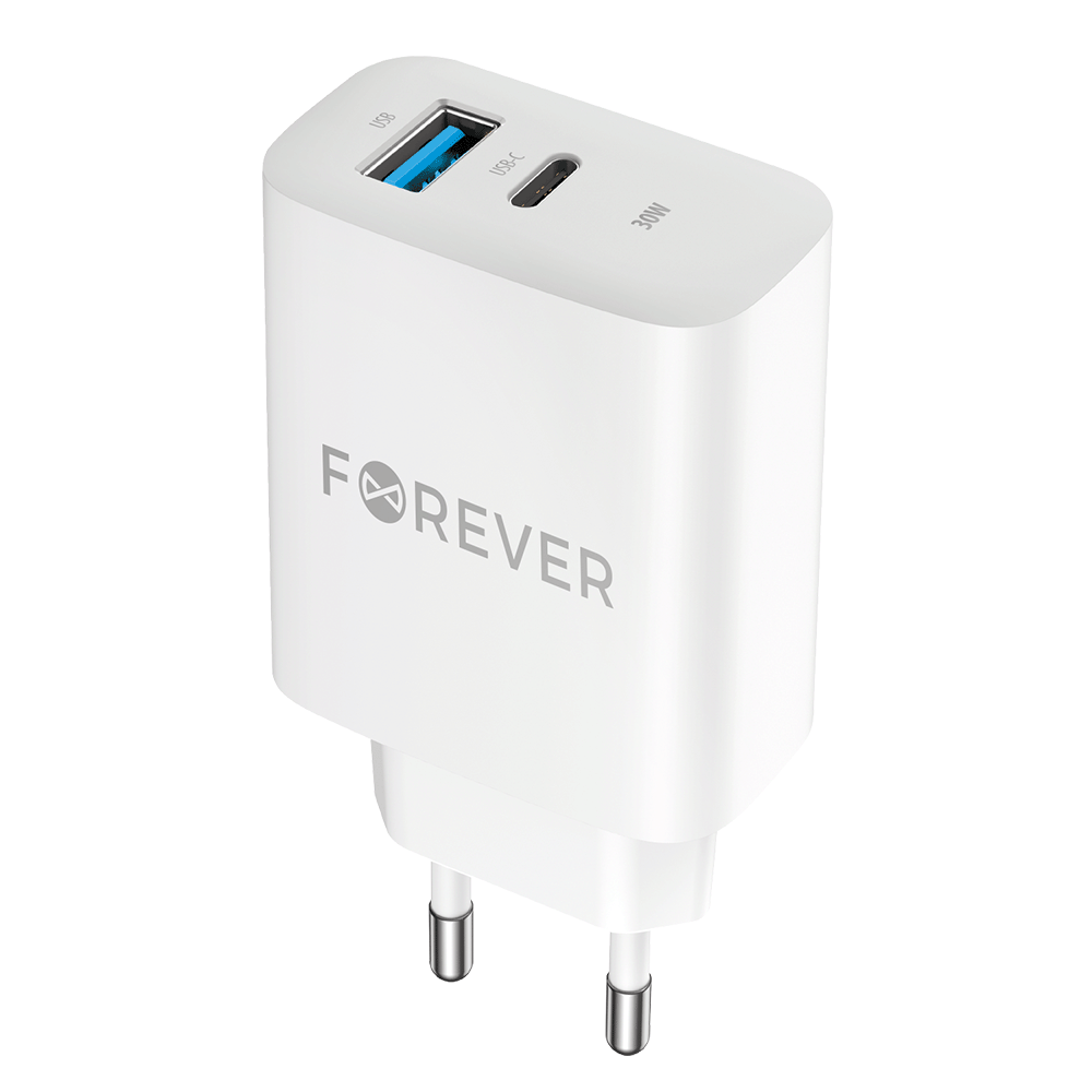 Forever TC-07-30AC Power Adapter, 30W, 3A, 1 x USB-A - 1 x USB-C, White