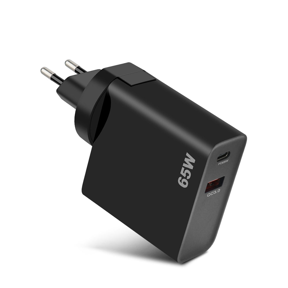 GVDA Power Adapter, 65W, 3A, 1 x USB-A - 1 x USB-C, Black