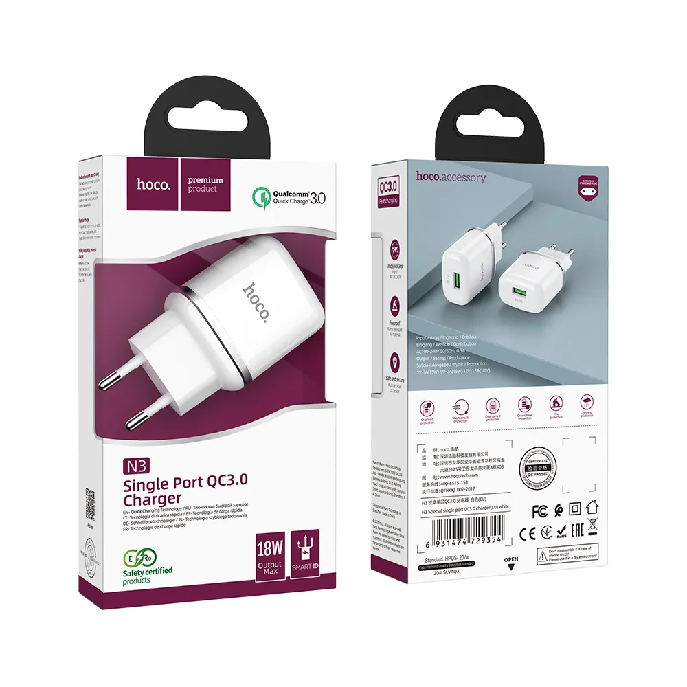 HOCO N3 Network Charger, 18W, 3A, 1 x USB-A, White