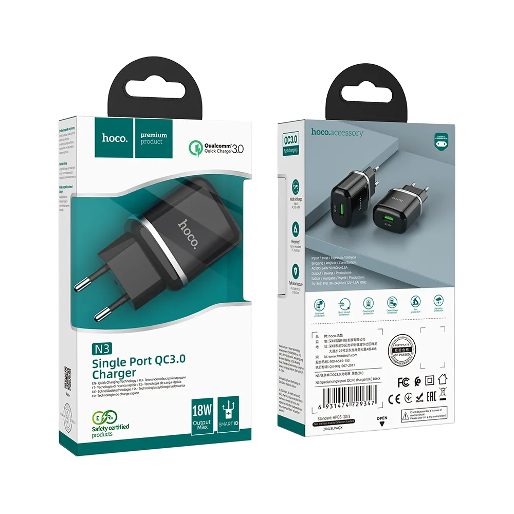 HOCO N3 Network Charger, 18W, 3A, 1 x USB-A, Black