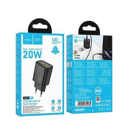 HOCO N61 Network Charger, 20W, 3A, 1 x USB-A - 1 x USB-C, Black