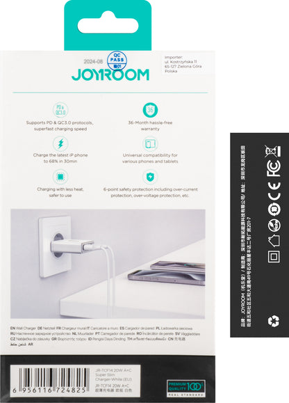 Joyroom JR-TCF14 Power Adapter, 20W, 3A, 1 x USB-A - 1 x USB-C, White